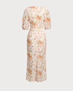 Orange Floral V-Neck Puffed Sleeve Maxi Dress
