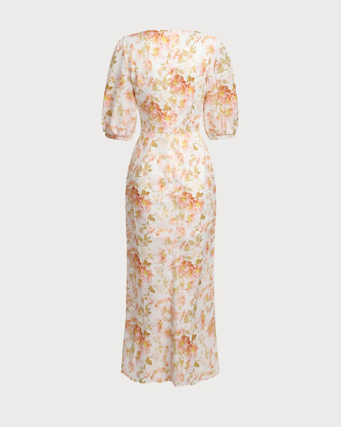 Orange Floral V-Neck Puffed Sleeve Maxi Dress