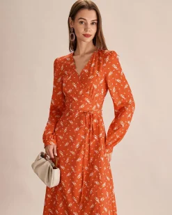 Orange Floral Wrap Midi Dress