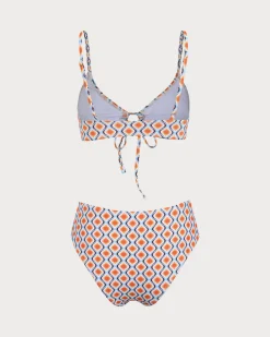 Orange Knitted Geometric Wave Print Bikini Set