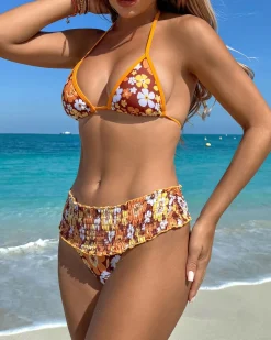 Orange Knitted Printed Bikini Set