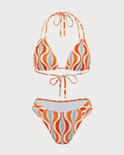 Orange Knitted Wave Print Bikini Set