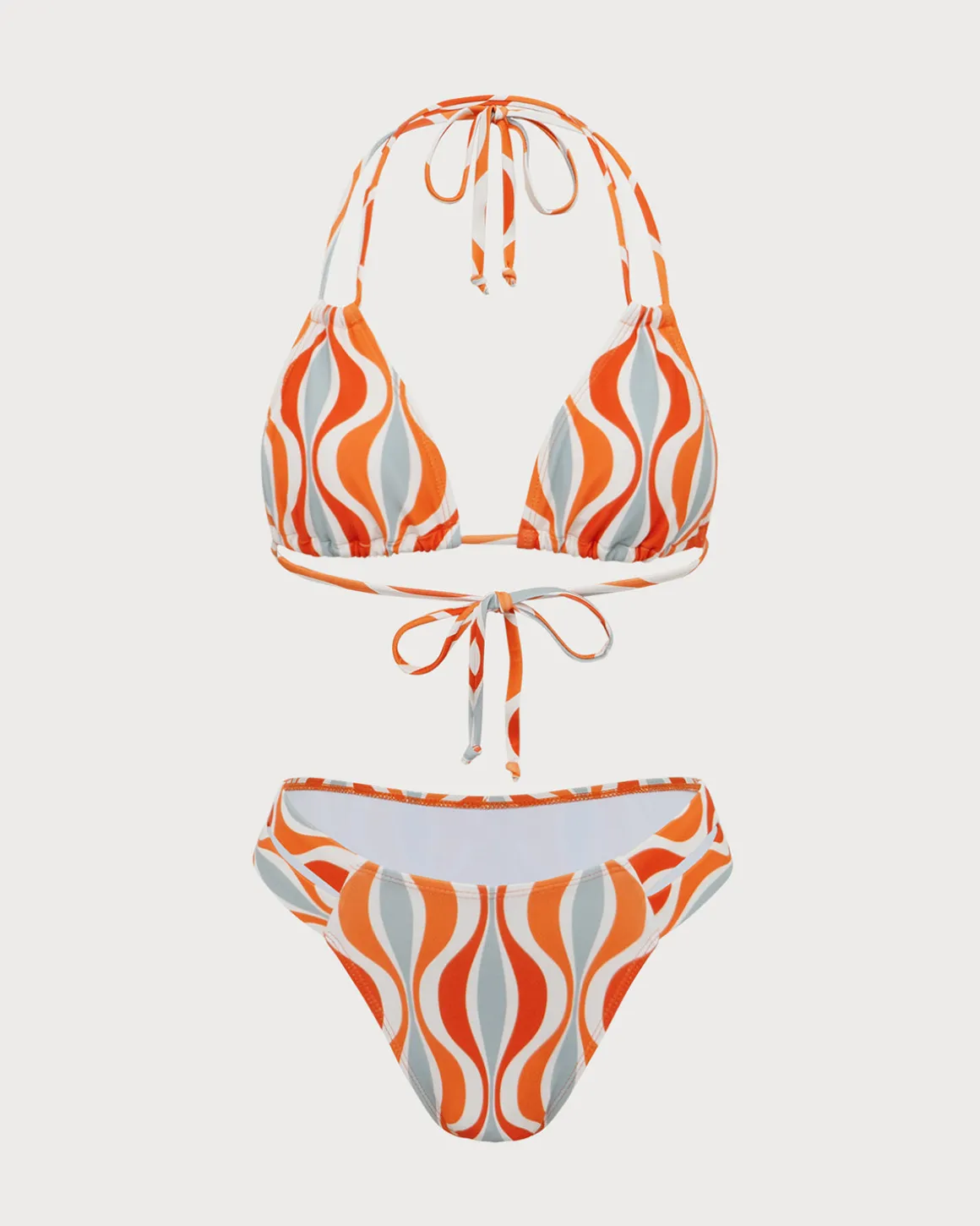Orange Knitted Wave Print Bikini Set