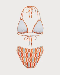 Orange Knitted Wave Print Bikini Set