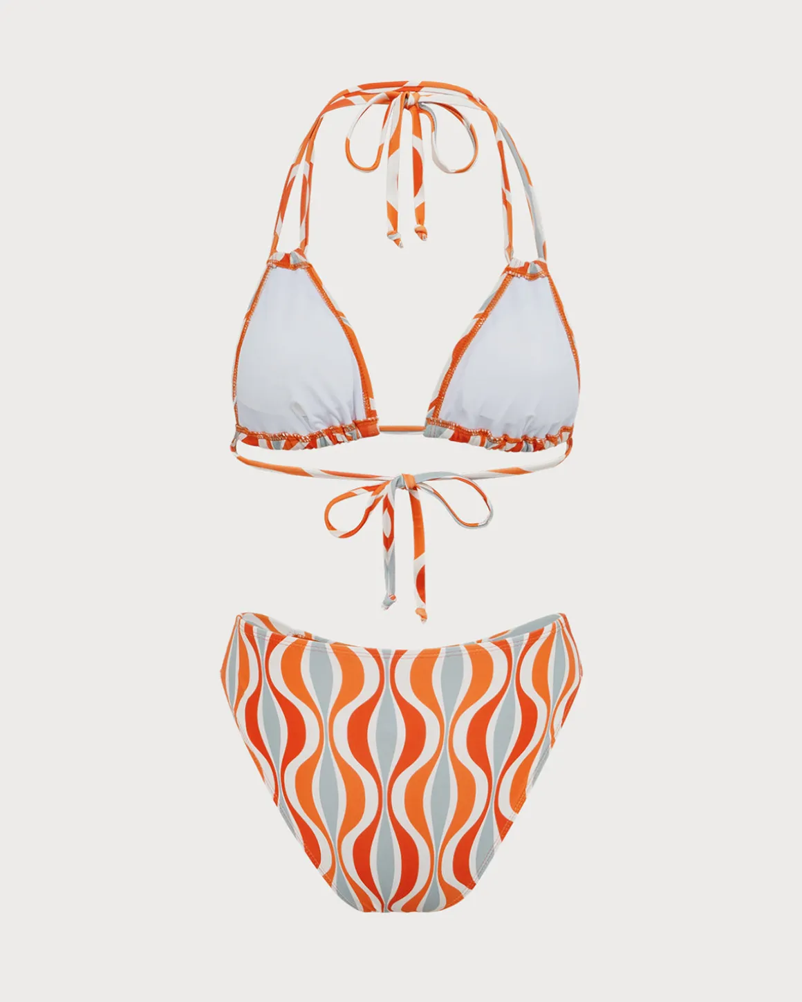 Orange Knitted Wave Print Bikini Set