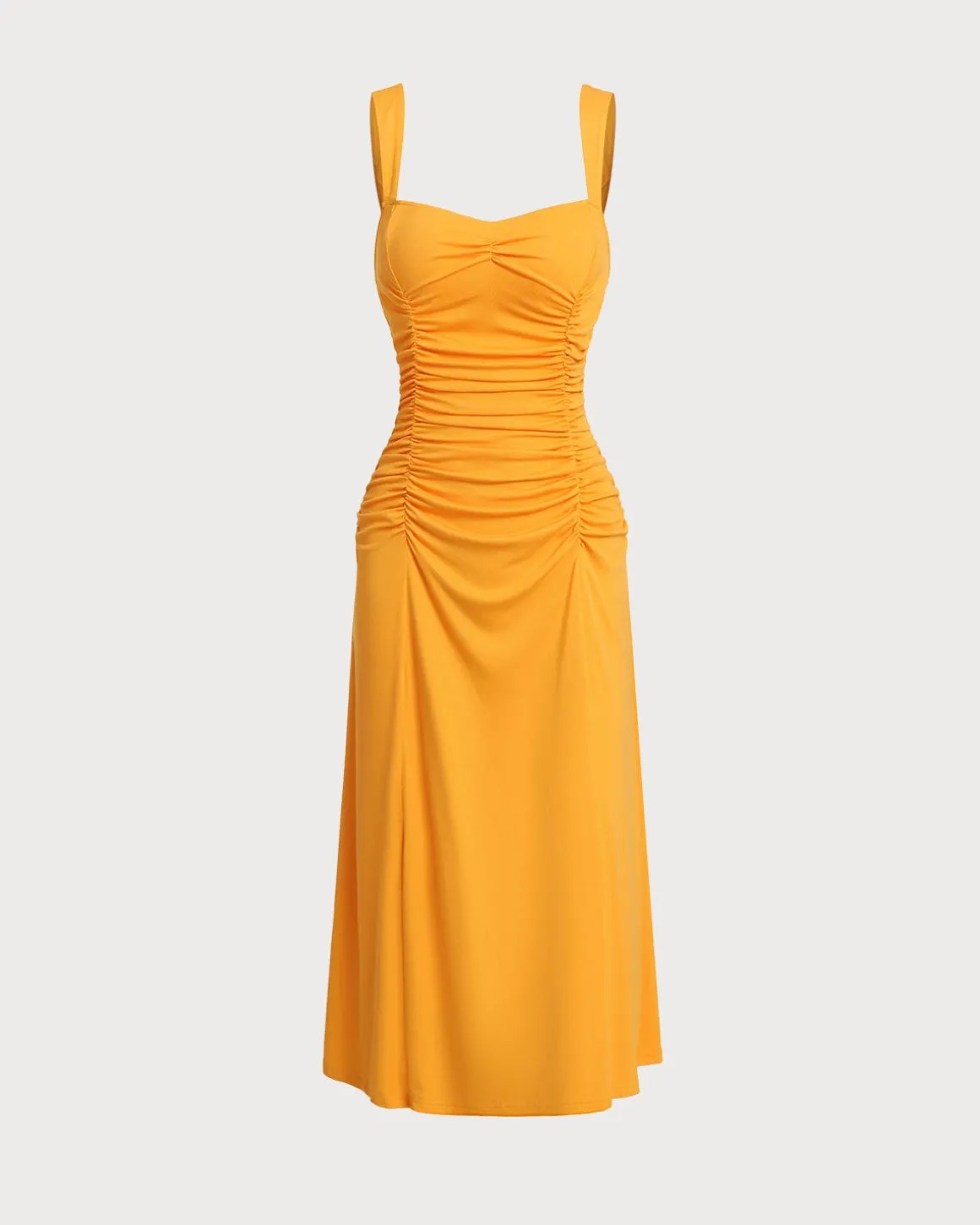 Orange Ruched Knitted Slip Midi Dress