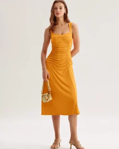 Orange Ruched Knitted Slip Midi Dress