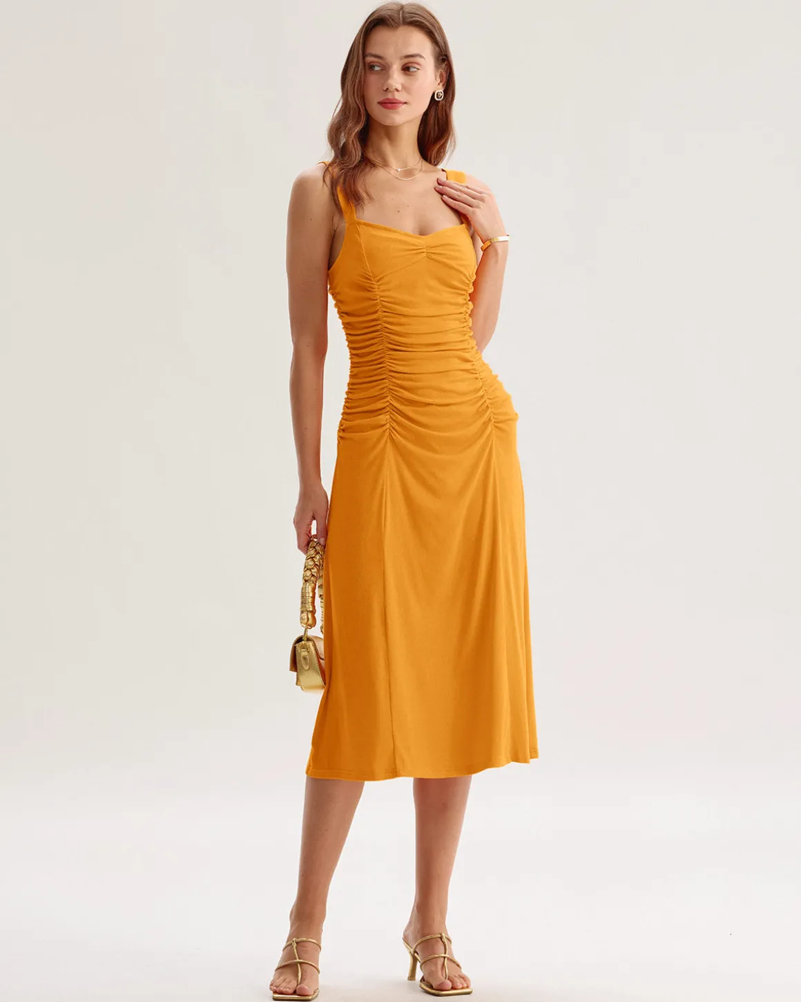 Orange Ruched Knitted Slip Midi Dress