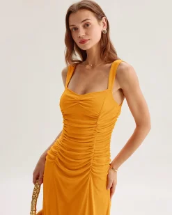 Orange Ruched Knitted Slip Midi Dress