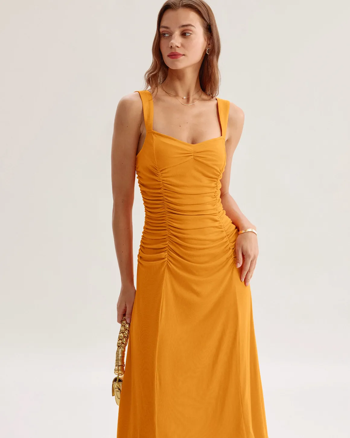 Orange Ruched Knitted Slip Midi Dress