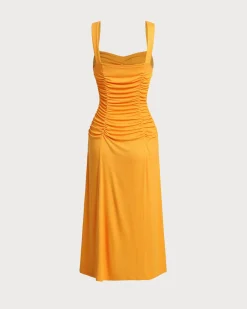 Orange Ruched Knitted Slip Midi Dress
