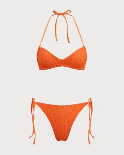Orange Textured Drawstring Bikini Set