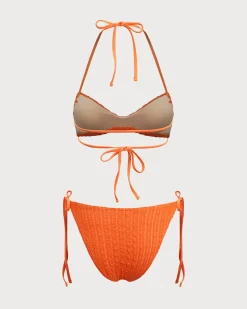 Orange Textured Drawstring Bikini Set