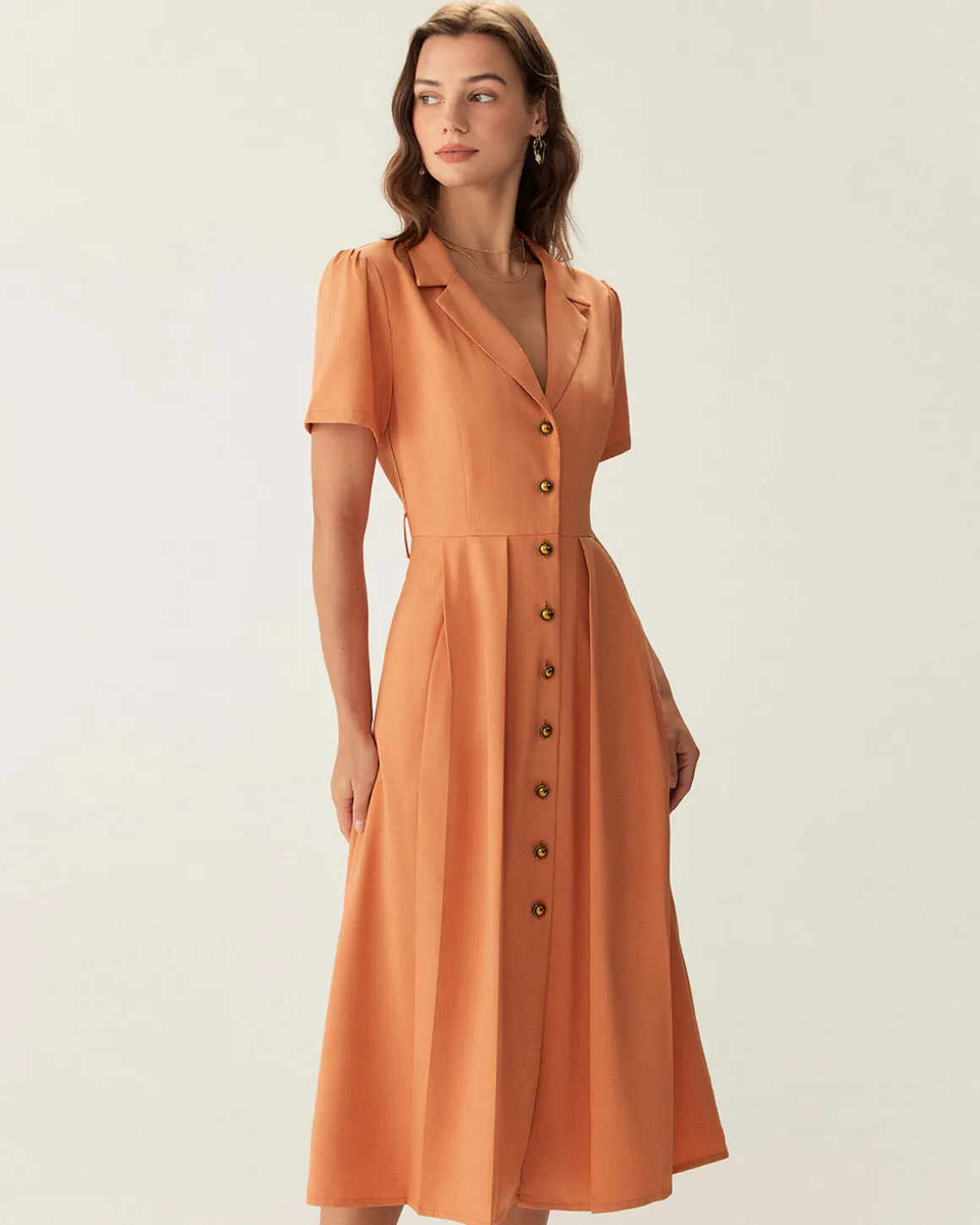 Orange V Neck Pleated Button Midi Dress