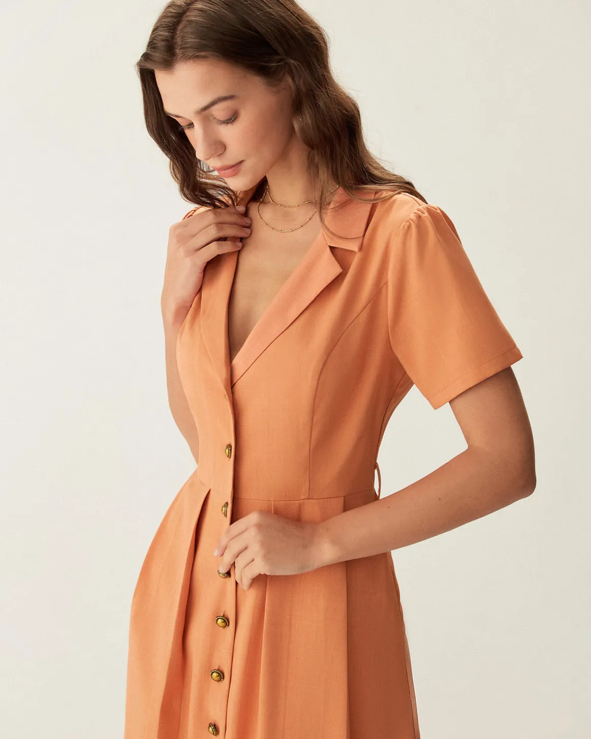 Orange V Neck Pleated Button Midi Dress