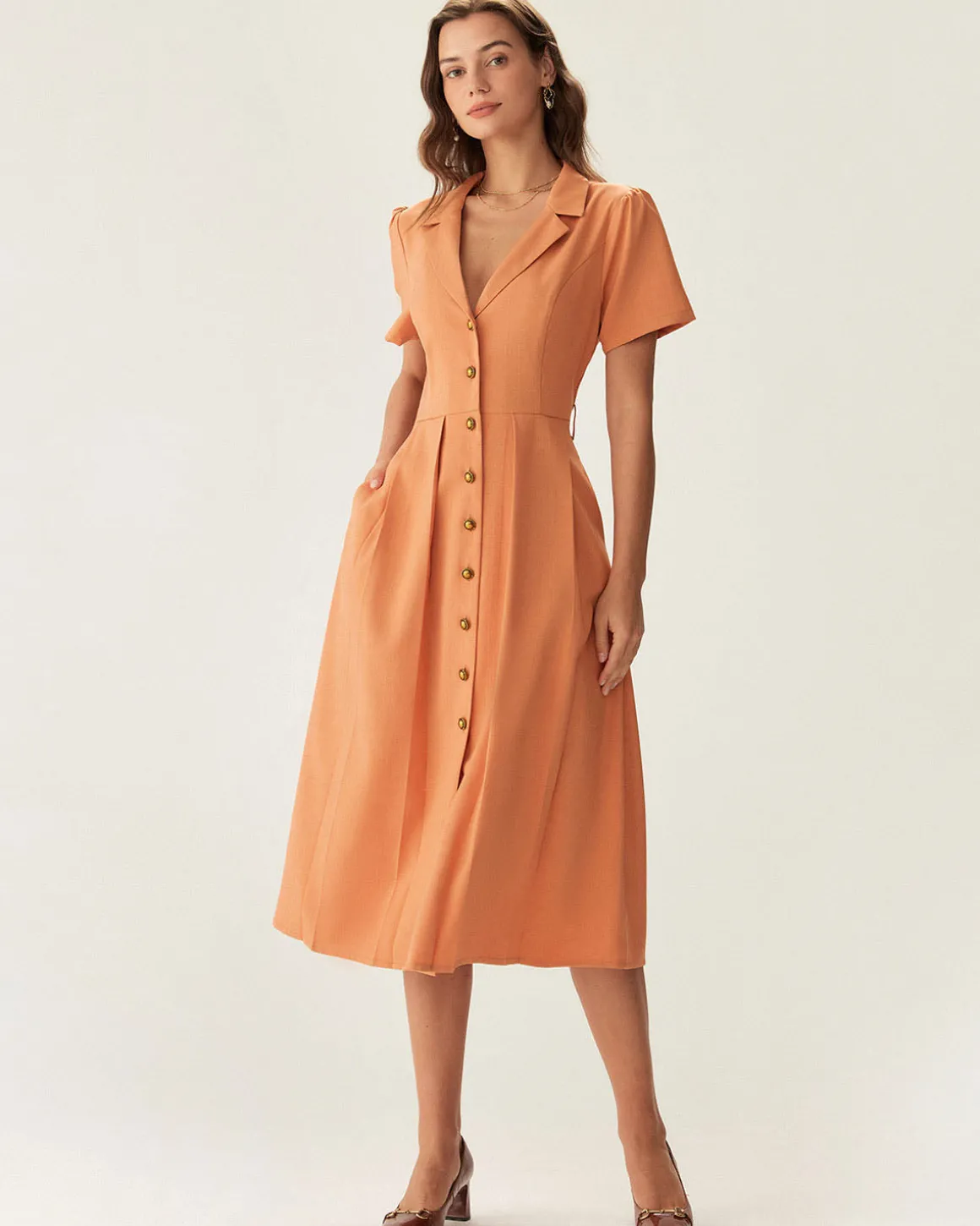Orange V Neck Pleated Button Midi Dress
