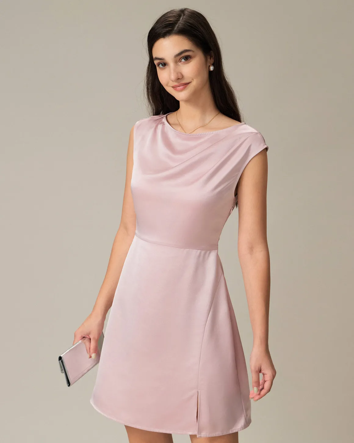 Pink Boat Neck Satin Mini Dress