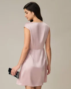 Pink Boat Neck Satin Mini Dress