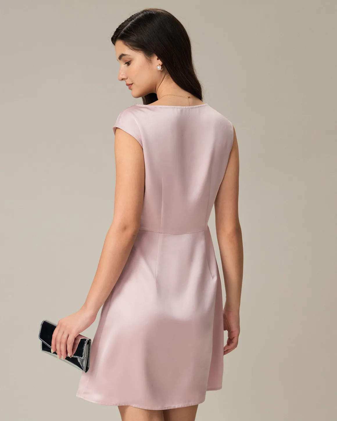 Pink Boat Neck Satin Mini Dress