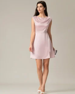 Pink Boat Neck Satin Mini Dress