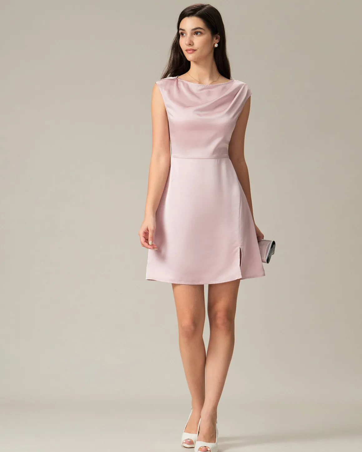 Pink Boat Neck Satin Mini Dress