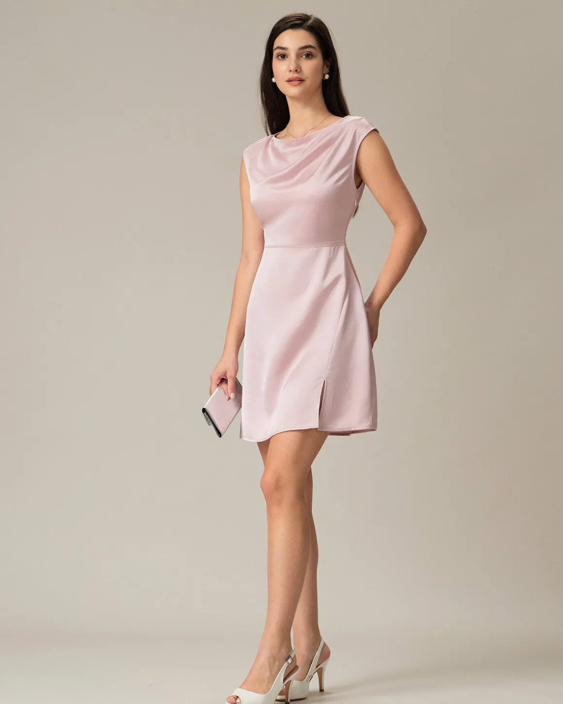 Pink Boat Neck Satin Mini Dress