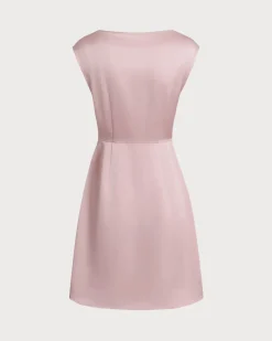 Pink Boat Neck Satin Mini Dress