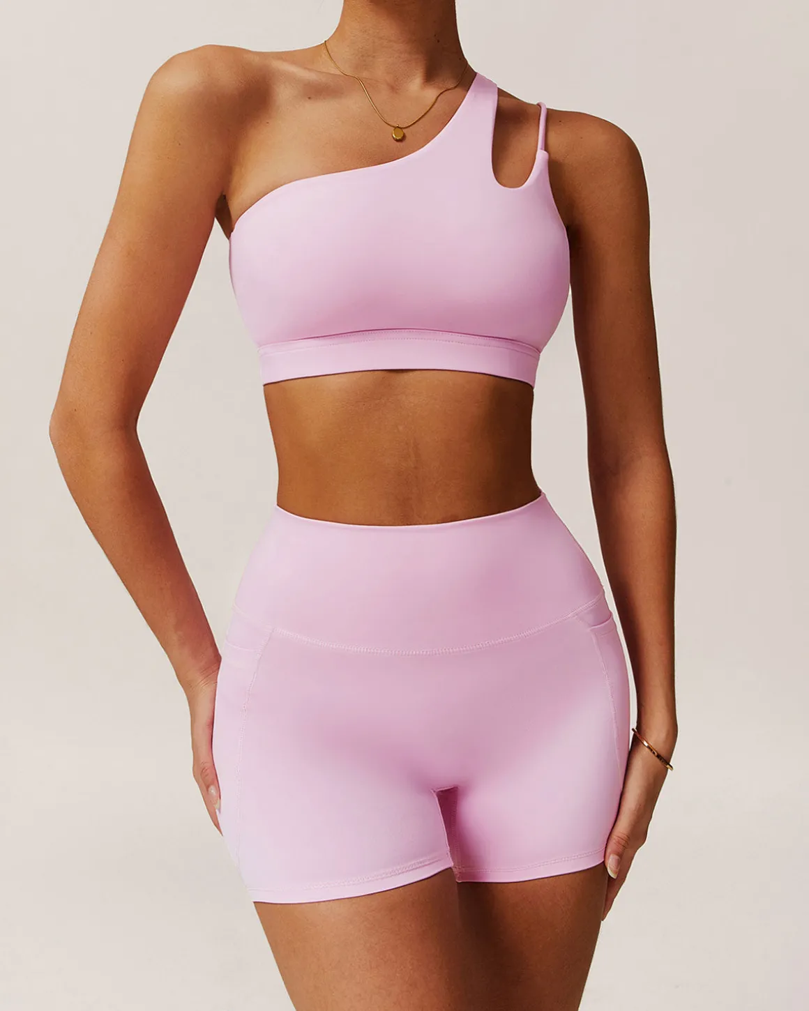 Pink Cropped One Shoulder Yoga Cami Top - Light Support