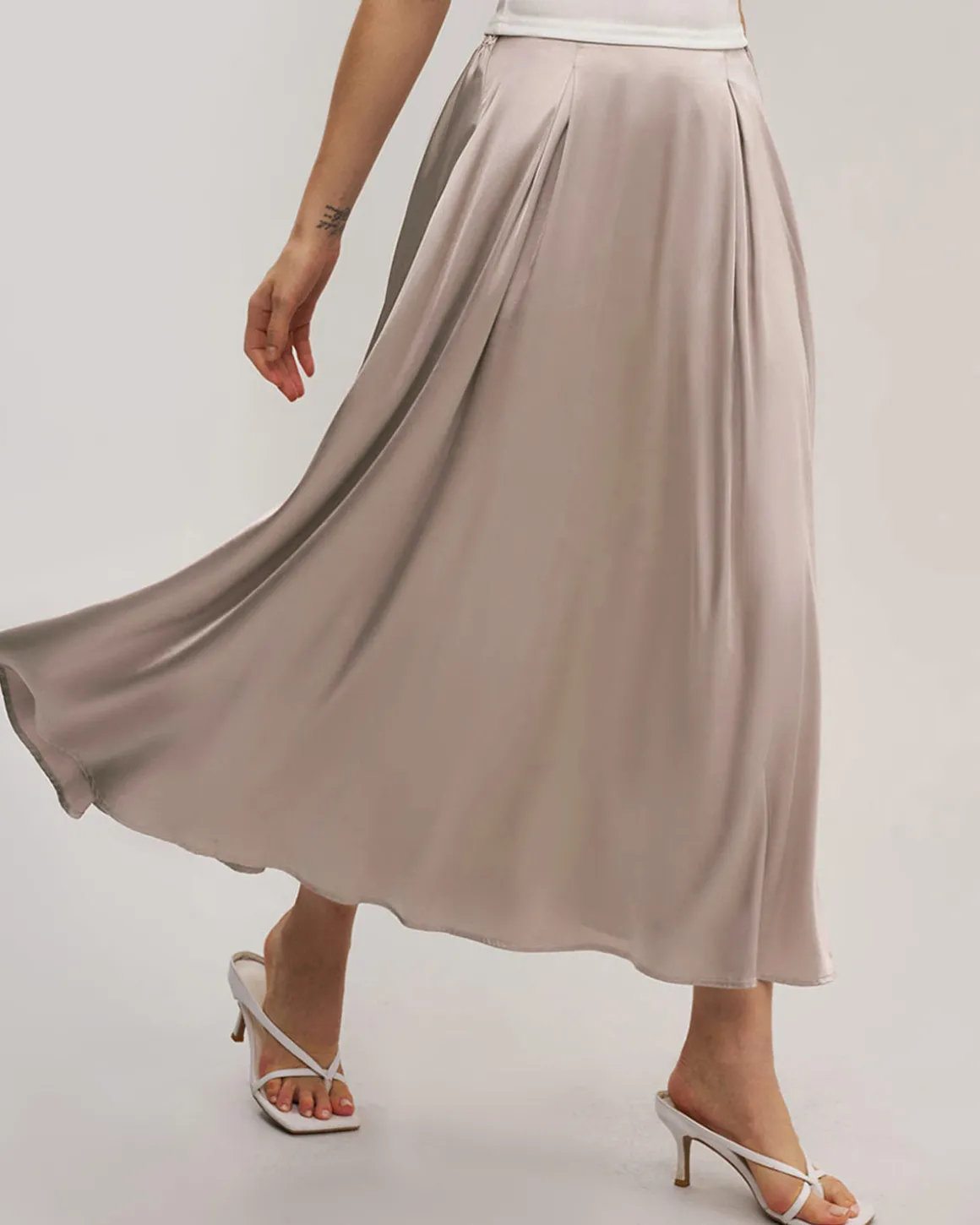 Pink Elastic Waist Flared Midi Skirt