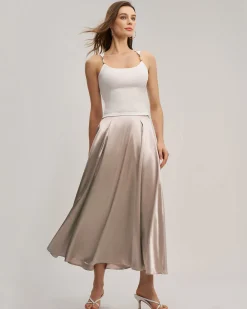 Pink Elastic Waist Flared Midi Skirt