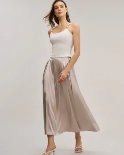 Pink Elastic Waist Flared Midi Skirt