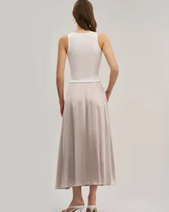 Pink Elastic Waist Flared Midi Skirt