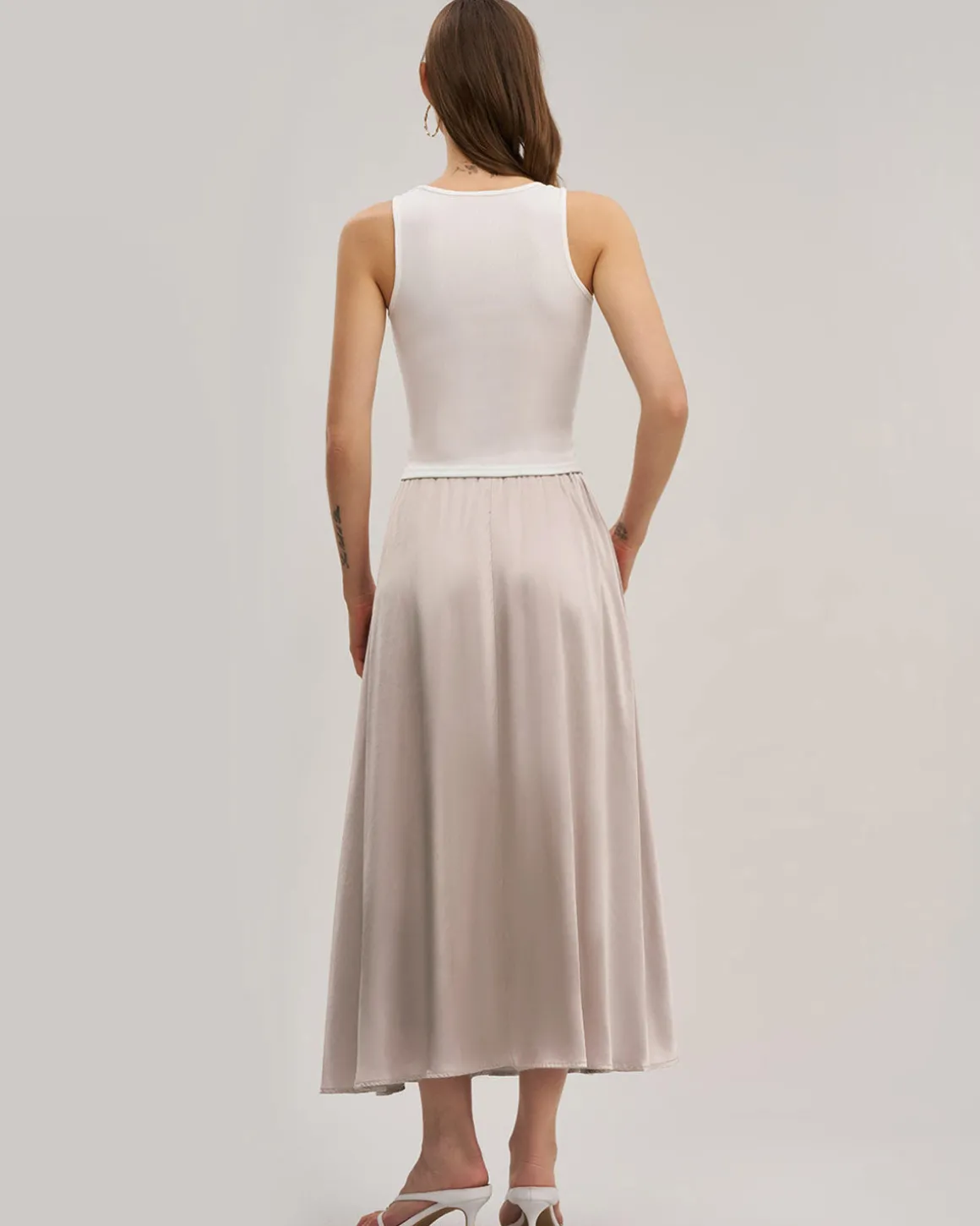 Pink Elastic Waist Flared Midi Skirt