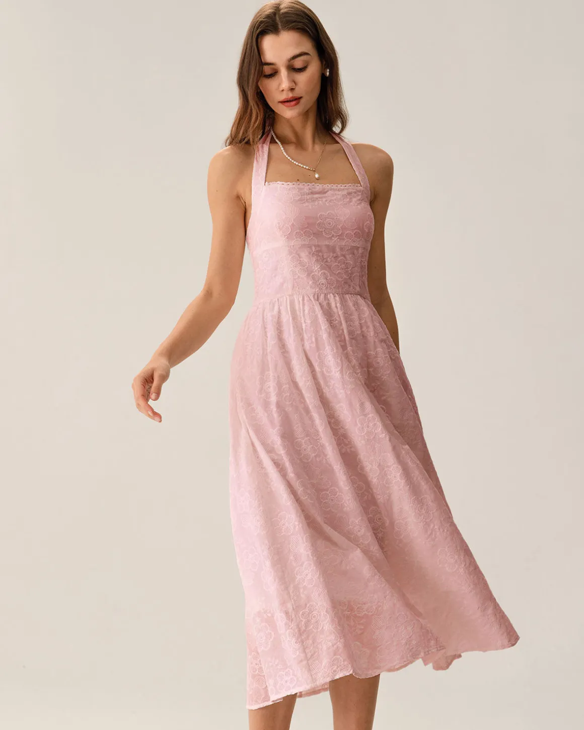 Pink Embroidery Halter Midi Dress