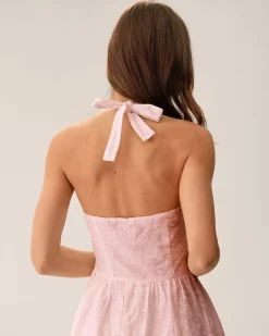 Pink Embroidery Halter Midi Dress