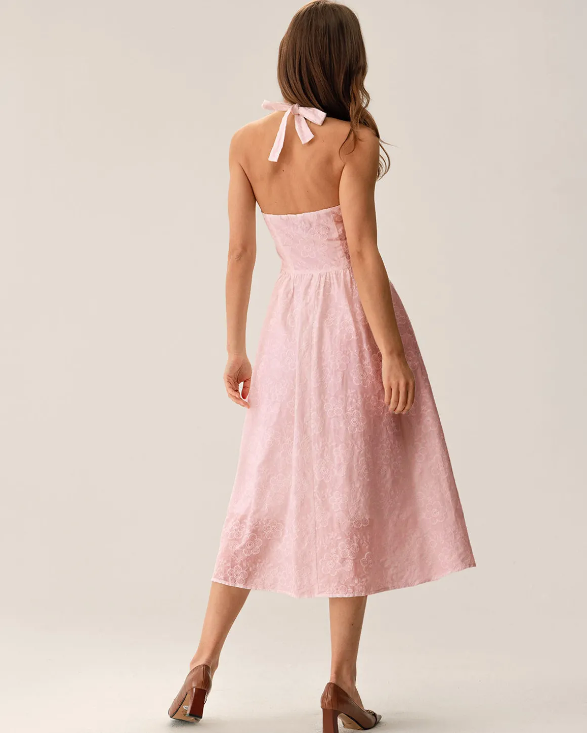 Pink Embroidery Halter Midi Dress