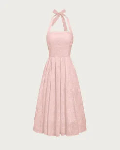 Pink Embroidery Halter Midi Dress