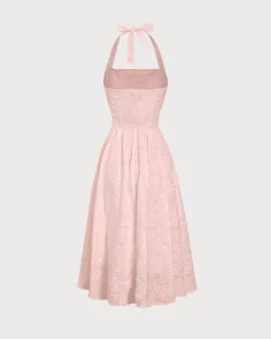 Pink Embroidery Halter Midi Dress
