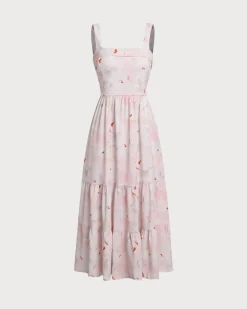 Pink Floral Backless Slip Midi Dress