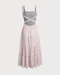 Pink Floral Backless Slip Midi Dress