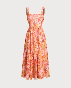 Pink Floral Backless Slip Midi Dress