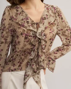 Pink Floral Chiffon Ruffle Blouse