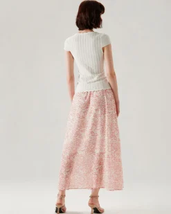 Pink Floral Elastic Waist Flared Skirt
