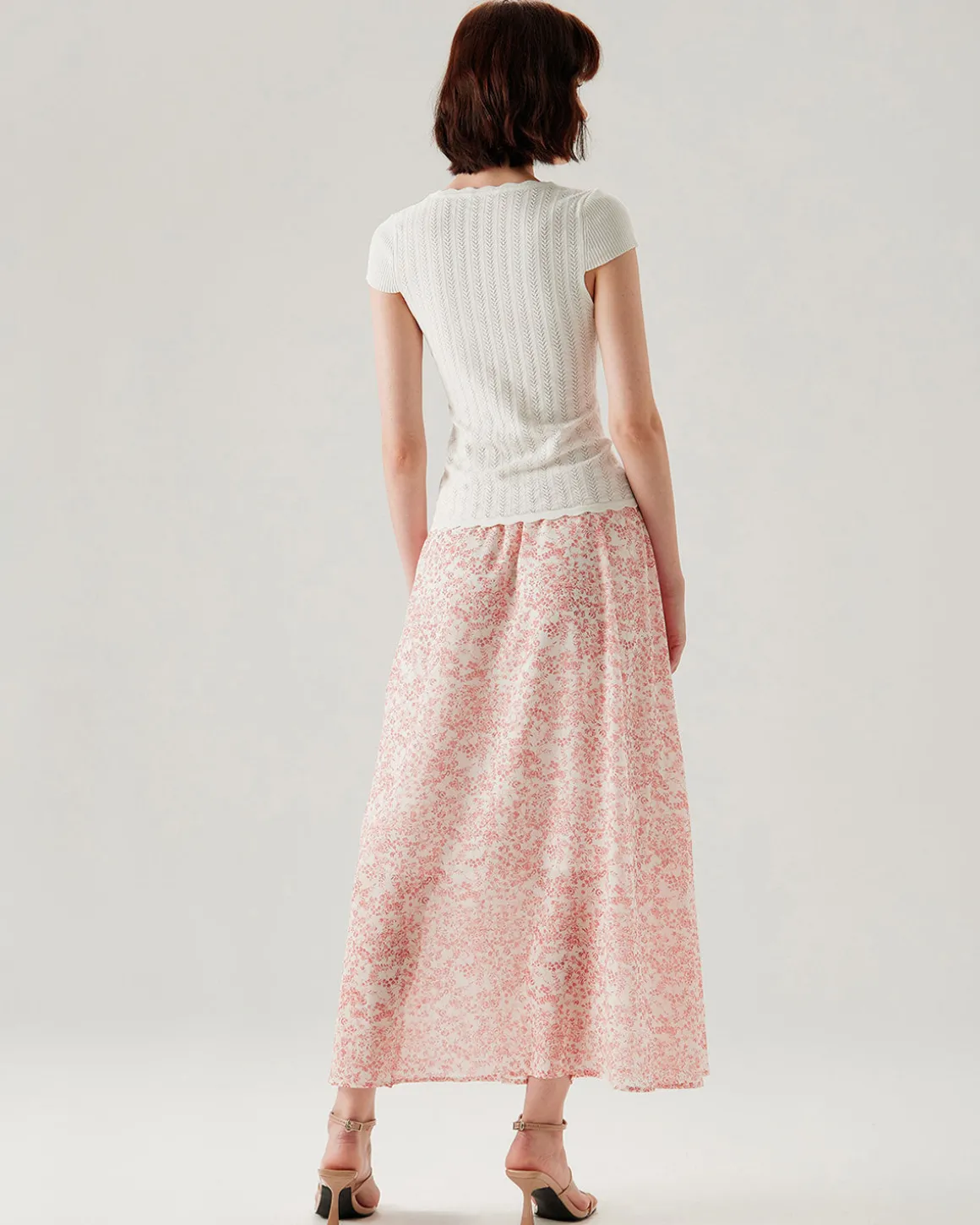 Pink Floral Elastic Waist Flared Skirt