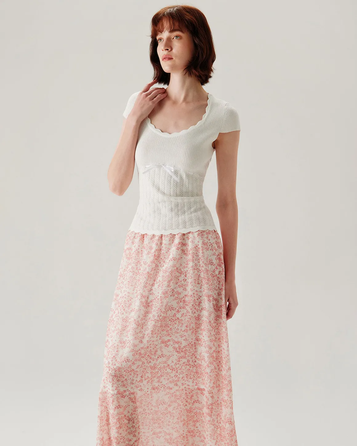 Pink Floral Elastic Waist Flared Skirt