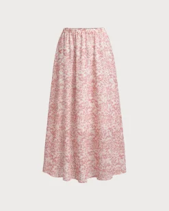 Pink Floral Elastic Waist Flared Skirt