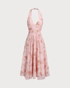 Pink Floral Halter Backless Midi Dress