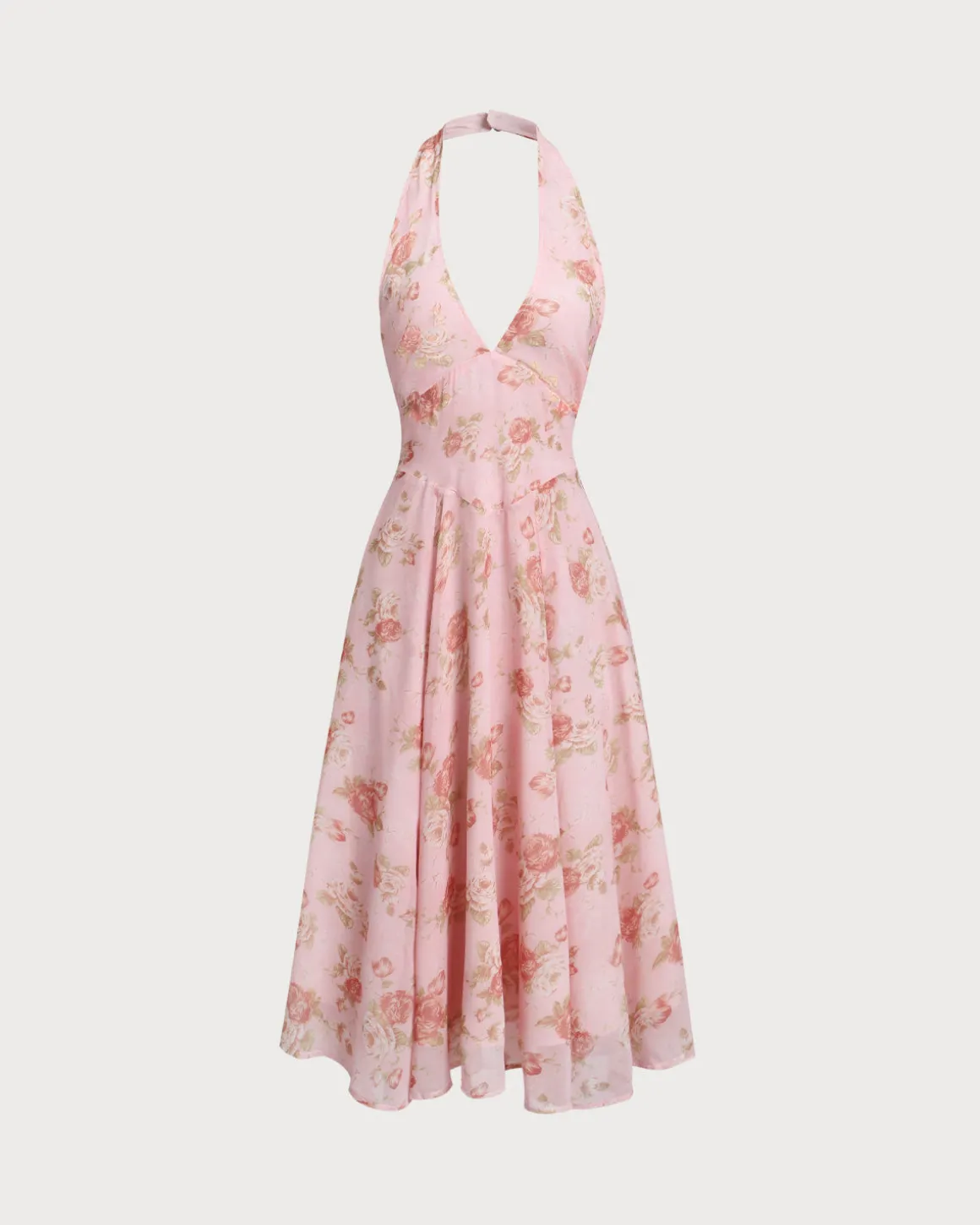 Pink Floral Halter Backless Midi Dress