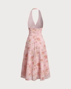 Pink Floral Halter Backless Midi Dress