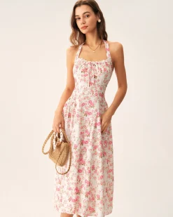 Pink Floral Halter Midi Dress